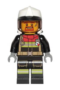 Firefighter Minifigure - Minifigure with black legs and jacket, a fire helmet, reflective stripes, dark red collar, trans-black visor, and brown goatee - cty1264