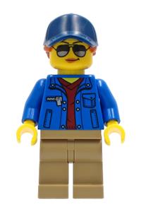 Ground Crew Minifigure - Female ground crew with a dark red V-neck sweater under a blue jacket, dark tan legs, and a dark blue cap with a dark orange ponytail - cty1265