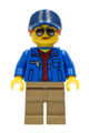 Female ground crew with a dark red V-neck sweater under a blue jacket, dark tan legs, and a dark blue cap with a dark orange ponytail - cty1265