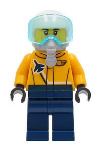Airshow Jet Pilot Minifigure - Airshow jet pilot in bright light orange jacket, wearing dark blue legs, a white helmet, and an oxygen mask - cty1266