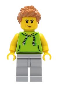 Car Driver Minifigure - Male car driver with medium nougat hair, wearing a lime hoodie and light bluish gray legs - cty1267