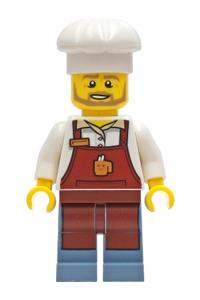 Baker Minifigure - Male baker wearing a reddish brown apron with cup and name tag, and a white cook's hat - cty1268