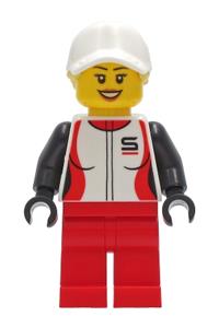 Woman Minifigure - A woman with red and white race jacket, red legs, and a white cap with bright light yellow hair - cty1269