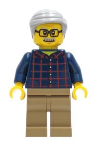 Man Minifigure - Man with dark blue plaid button shirt, dark tan legs, and light bluish gray hair - cty1270