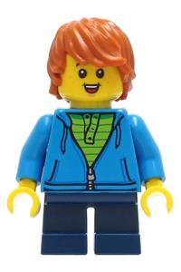 Boy in Hoodie Minifigure - Boy with dark orange hair, freckles, and a small open smile with tongue, wearing a dark azure hoodie and dark blue short legs - cty1271