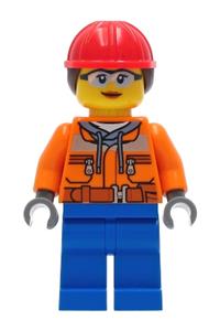 Construction Worker Minifigure - Female construction worker with chest pocket zippers, dark gray hoodie belt, blue legs, and a red helmet with dark brown hair - cty1272
