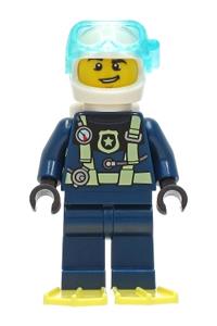 Police Officer Diver Minifigure - City police officer in a dark blue diving suit with a yellowish green harness, white helmet, airtanks, and bright light yellow flippers - cty1277