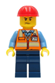 Construction Worker - Orange Safety Vest with Reflective Stripes, Dark Blue Legs, Red Construction Helmet - cty1281