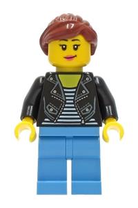 Car Driver Minifigure - Female car driver with reddish brown hair wearing a black leather jacket, and medium blue legs - cty1283