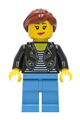 Female car driver with reddish brown hair wearing a black leather jacket, and medium blue legs - cty1283