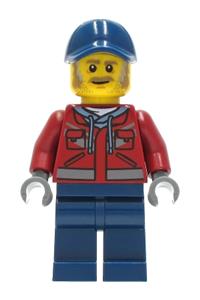 Truck Driver Minifigure - Male truck driver with a dark red hooded sweatshirt, dark blue cap, and dark blue legs - cty1284