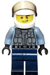 Police Officer Minifigure - Police officer in a sand blue police jacket, white helmet, and dark blue legs - cty1285