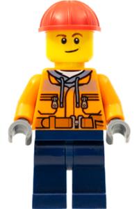Construction Worker Minifigure - Male construction worker with chest pocket zippers, a belt over a dark gray hoodie, dark blue legs, and a red construction helmet - cty1286