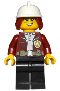 Fire Chief, Female - Freya McCloud, Dark Red Jacket, Black Legs, White Fire Helmet, Open Smile \ Closed Mouth Pattern cty1288