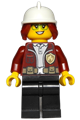 Female fire chief Freya McCloud wearing a dark red jacket, black legs, and a white fire helmet with an open smile and closed mouth pattern - cty1288