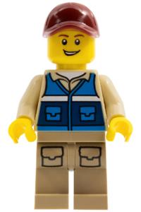 Wildlife Rescue Worker Minifigure - Male wildlife rescue worker with a dark red cap, blue vest with RESCUE pattern, and dark tan legs with pockets - cty1292