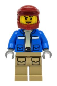 Wildlife Rescue Explorer Minifigure - Male wildlife rescue explorer with a blue jacket, dark red helmet, dark tan legs with pockets, and a beard - cty1294