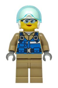 Wildlife Rescue Pilot Minifigure - Female wildlife rescue pilot in a blue vest, white helmet, and dark tan legs - cty1296
