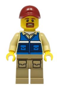 Wildlife Rescue Worker Minifigure - Male wildlife rescue worker with a dark red cap, blue vest with RESCUE pattern, dark tan legs with pockets, and a beard - cty1298