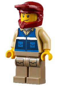 Wildlife Rescue Explorer Minifigure - Male wildlife rescue explorer with a dark red helmet, wearing a blue vest with a RESCUE pattern, and dark tan legs with pockets - cty1301