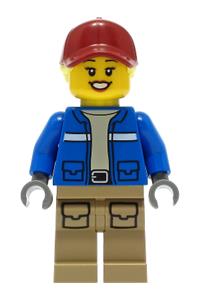 Wildlife Rescue Explorer Minifigure - Female wildlife rescue explorer with bright light yellow hair wearing a blue jacket, dark tan legs with pockets, and a dark red cap - cty1305