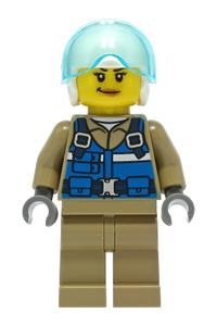 Wildlife Rescue Pilot Minifigure - Female wildlife rescue pilot with a blue vest, white helmet, dark tan legs, and a smirk - cty1307