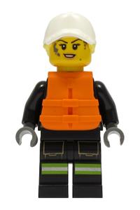 Fire - Female, Black Jacket and Legs with Reflective Stripes and Dark Red Collar, Bright Light Yellow Hair, White Cap, Orange Life Jacket cty1309
