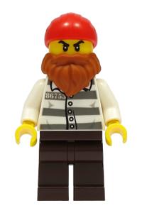 Jail Prisoner 86753 Minifigure - Prisoner minifigure with prison stripes, dark brown legs, red head wrap and a dark orange beard - cty1310
