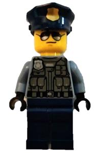 Police Officer Minifigure - Police officer wearing a sand blue police jacket, dark blue legs, police hat with gold badge, and sunglasses - cty1312
