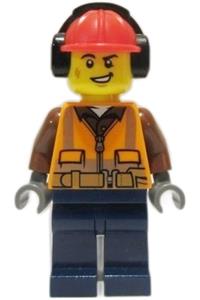 Construction Worker Minifigure - Worker with orange zipper, safety stripes, belt, brown shirt, dark blue legs, red construction helmet, headphones, and lopsided mouth - cty1317