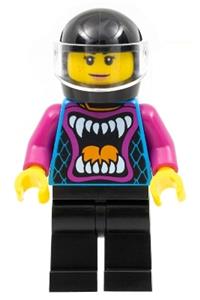 Stuntz Driver Minifigure - Driver wearing a black helmet, with animal mouth shirt, and black legs - cty1320