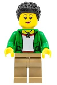 Female Minifigure - Female minifigure with short black coiled hair, wearing a green jacket and dark tan legs - cty1321