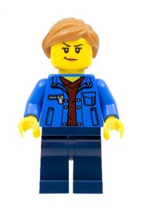 Female Minifigure - Female minifigure with a ponytail, wearing a blue jacket over a dark red v-neck sweater, dark blue legs - cty1322