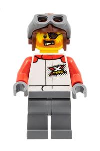 Stuntz Driver Minifigure - A Stuntz driver wearing a reddish brown aviator helmet, with dark bluish gray legs and red arms - cty1324