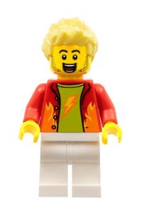 Stuntz Announcer Minifigure - Announcer Dynamo Doug with spiky bright light yellow hair wearing a red jacket over a lime shirt and white legs - cty1325