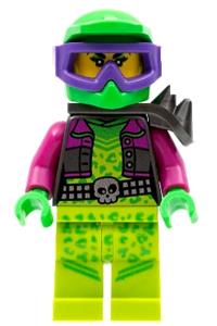 Stuntz Driver Minifigure - Driver of the Wheelie Stunt vehicle with a bright green dirtbike helmet, lime legs, and shoulder spikes - cty1328