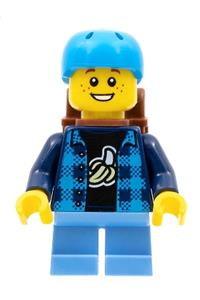 Skateboarder Minifigure - Boy skateboarder with a banana shirt, dark azure helmet, backpack, and medium blue short legs - cty1332