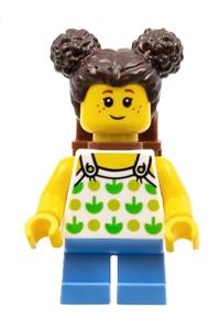 Girl Minifigure - Girl with dark brown side buns wearing a leaf tank top, with a backpack, and medium blue short legs - cty1333