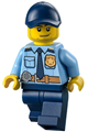 Police officer wearing a City shirt with a dark blue tie and gold badge, dark tan belt with radio, dark blue legs, and a dark blue cap with a hole, sporting a stubble beard - cty1334
