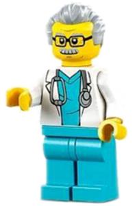 Doctor - Male, White Lab Coat with Stethoscope, Medium Azure Scrubs, Light Bluish Gray Hair, Glasses cty1341