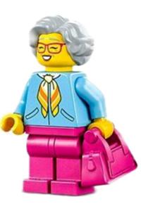 Woman Minifigure - Woman with light bluish gray hair, wearing bright light blue jacket, magenta legs, and magenta glasses - cty1342