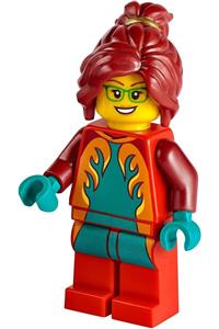 Stuntz Driver Minifigure - Driver of a stuntz vehicle with a wheelie stunt, wearing a dark red dirtbike helmet, red legs, and decorated with dark turquoise and orange flames - cty1351