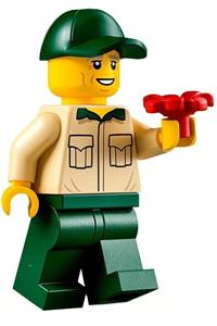Park Worker Minifigure - Male park worker wearing a tan shirt with pockets, dark green legs, and cap - cty1353