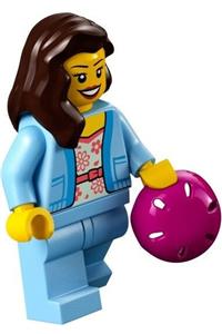 Female Minifigure - Female minifigure in a white shirt with coral flowers, bright light blue jacket and legs, with dark brown hair - cty1354
