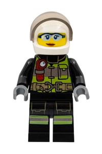 Firefighter Female Minifigure - Firefighter with a white helmet, trans-black visor, safety glasses, and a reflective stripes suit with utility belt and flashlight - cty1355