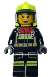 Firefighter Female Minifigure - Female firefighter with a black jacket and legs featuring reflective stripes, red collar, neon yellow fire helmet, and trans-black visor - cty1356