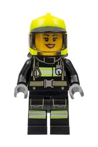Firefighter Female Minifigure - Female firefighter wearing black jacket and legs with reflective stripes, neon yellow fire helmet, and trans-black visor - cty1357