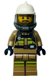 Fire - Reflective Stripes, Dark Tan Suit, White Fire Helmet, Open Mouth with Beard, Breathing Neck Gear with Blue Air Tanks cty1359
