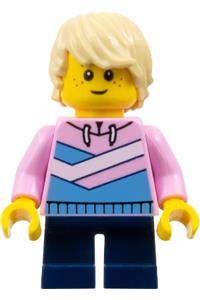 Boy in pink hoodie Minifigure - Minifigure with tan hair, freckles, and a smile, wearing a bright pink hoodie with medium blue and white diagonal stripes and dark blue short legs - cty1361
