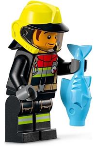 Firefighter Male Minifigure - Male firefighter with black jacket, legs with reflective stripes, red collar, neon yellow fire helmet, trans-black visor, and dark orange sideburns - cty1362